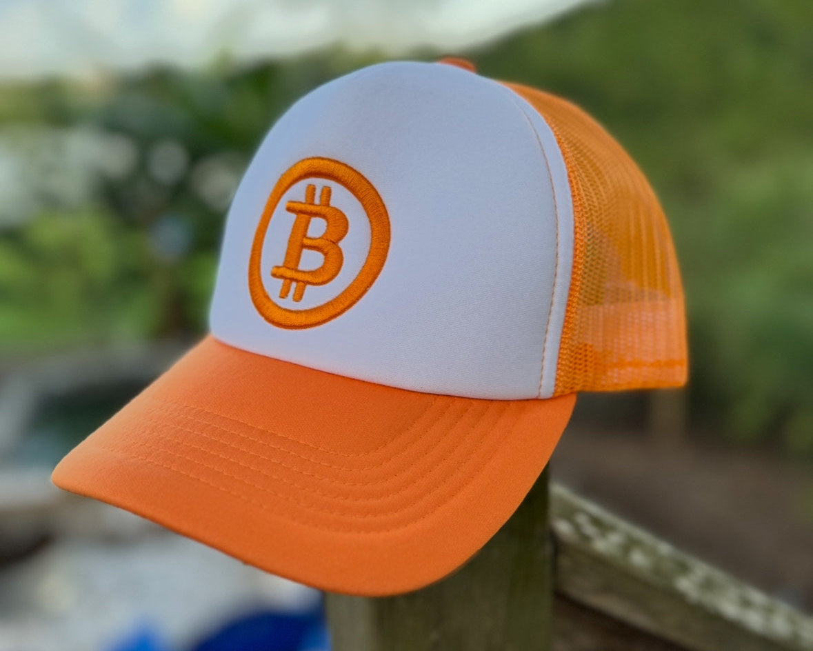 Bitcoin Trucker Hat – by Finite By Design (Orange/White)